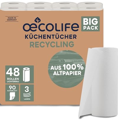 oecolife - Strofinacci da cucina ricicling, 48 rotoli da 90 fogli, fogli corti, rotoli da cucina, sostenibili, rotoli per la casa, asciugamani di carta, carta da cucina
