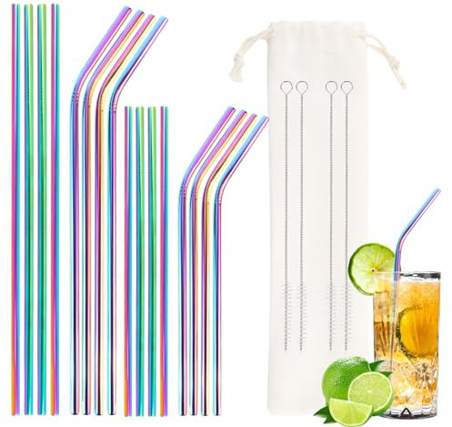 Lot de 16 Pailles en Acier Inoxydable - Tubes Fins Réutilisables et Lavables pour Thé à Bulles avec 4 Brosses de Nettoyage et 1 Sac pour Cocktail, Smoothie