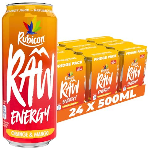 Rubicon RAW 24 Pack Orange & Mango 500ml Energy Drink, 20% Real Fruit Juice, High caffeine with B-Vitamins, Ginseng & Guarana, No Artificial Colours or Flavours, Reduce Tiredness & Boost Energy