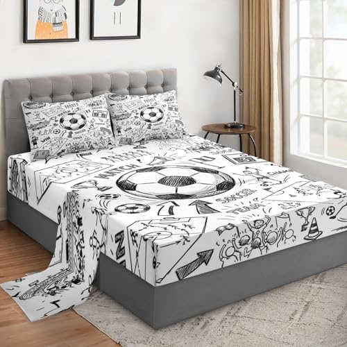 WeCozy Queen Size 4 Pcs Bed Fitted Sheet Set with 14 Deep Pocket, Game Soccer Painting Flat Sheet Set for Kids and Adults, Sport Ball Football Bedding with 2 Pillowcases for Bedroom Decor