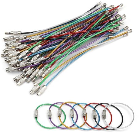 TIANLIN Anneaux Porte Clé Acier Inoxydable, 56 Pièces Anneau Porte Clef 125mm, Câble Métallique avec Fermeture à Vis, Revêtement Nylon 7 Couleurs pour Porte Clef, Étiquettes Bagages, Cartes ID