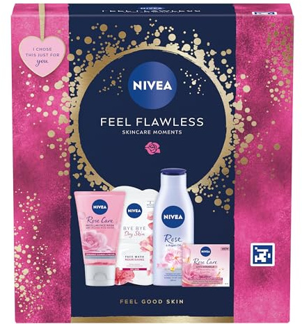 NIVEA Feel Flawless Gift Set (4 Products), Women's Gift Set with Skincare Essentials, Includes Body Lotion, Face Mask, Face Wash, and Day Cream