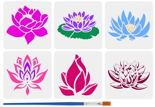 FINGERINSPIRE 6 pezzi Stencil Fiori di Loto con Pennello 6 stili Stencil Ninfea 15x15cm Stencil Bocciolo di Fiore di Loto Stencil Disegno Floreale Tema Vegetale Stencil per Piastrelle Da