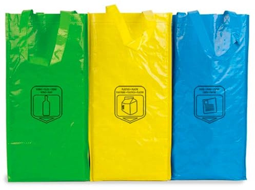 Bolsas de Reciclaje de 3 Colores con asas para organizar el reciclado de Plástico, Vidrio y Papel - 23L, Verde, Amarilla y Azul. Para Cocinas.