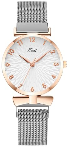 OFFCUP Kvartsur för kvinnor, rostfritt stål nätrem damklockor, analog kvartsur med romb gitterurtavla, 3 hand, premium mode armbandsur för kvinnor damer flickor, SILVER, armband