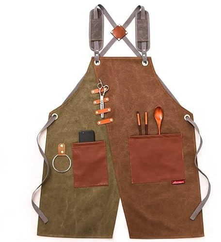 YMYGCC Durable Goods Heavy Duty Canvas Work Apron with Tool Pockets Cross-Back Straps Adjustable For Woodworking Painting(6)