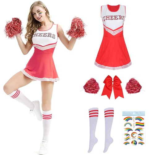 Cheerleader Costume Women for Adults, Cheerleading Outfit, Cheerleading Outfit, High School Musical Cheerleader Costume, Cheerleader Pompoms for Fancy Dress, Carnival, Party, Cosplay, Fancy Dress,
