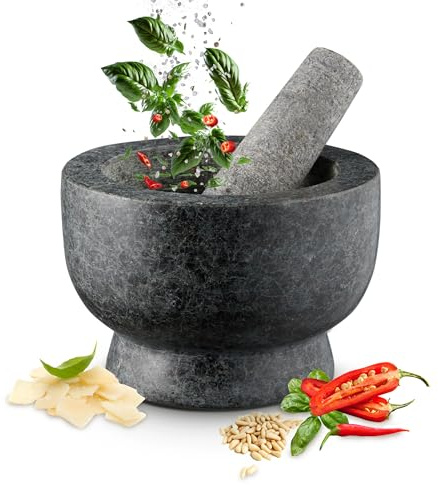 KHG Mörser mit Stößel Granit für Gewürze, 13 cm, Gewürzmörser, Gewürzmörser | groß XL mit 2,5 kg rutschfest, polierter Steinmörser in schwarz mit rauer Innenfläche & Stößelspitze, für den Alltag