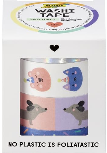 folia 26456 - Washi Tape PARTY ANIMALS, 4 x 5 m, Klebeband aus Reispapier, Hotfoil in 4 tierischen Designs, zum Basteln, Verzieren und Dekorieren