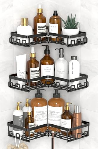 Kegii Mensola da Doccia Angolare Senza Foratura - 3 Pezzi Mensola Bagno Organizer Doccia Mensola Bagno Adesiva(Nero)