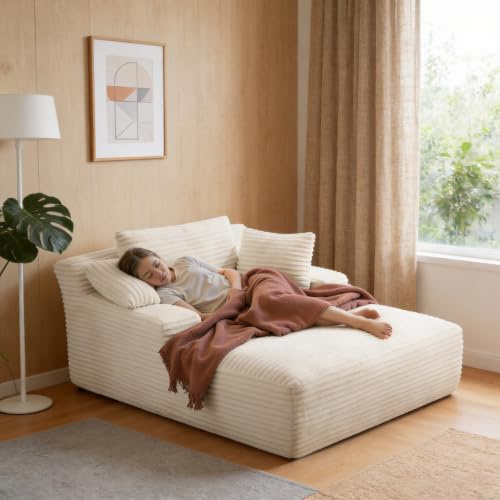 Aivermeil Boneless Sofa Cloud Sofa mit Schlaffunktion 172cm Beige | Cord Bodensofa, Chaiselongue, 3 Kissen, weicher Cordbezug, Wohnzimmer Sofa, Lounge Sofa, keine Montage, 172x130x71 cm
