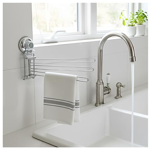 T.R.Sani Suction Cup Swivel Towel Rack for Marble & Glass & Smooth Tile Surface Only, Kitchen Dish Towel Holder, Small Hand Towel Holder Bar for Bathroom - Stainless Steel, Wall Mounted