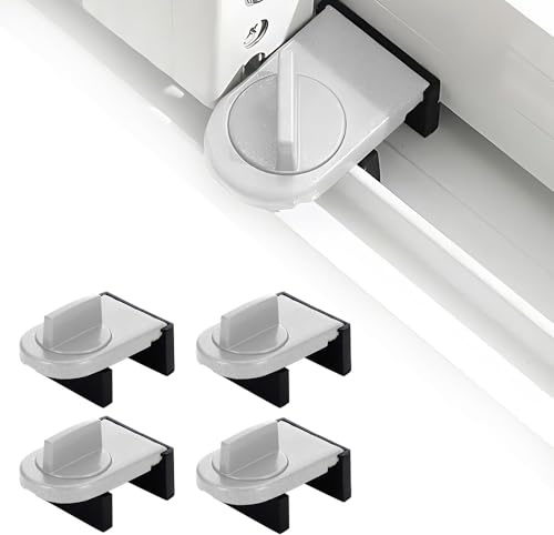 FEIHS 4 Pièces Verrou Baie Coulissante,Serrure Butée Réglable,Serrure de Sécurité pour Fenêtre,Bloque Fenetre Coulissante,Sans Perceuse,pour Portes et Fenêtres Coulissantes (Argent)