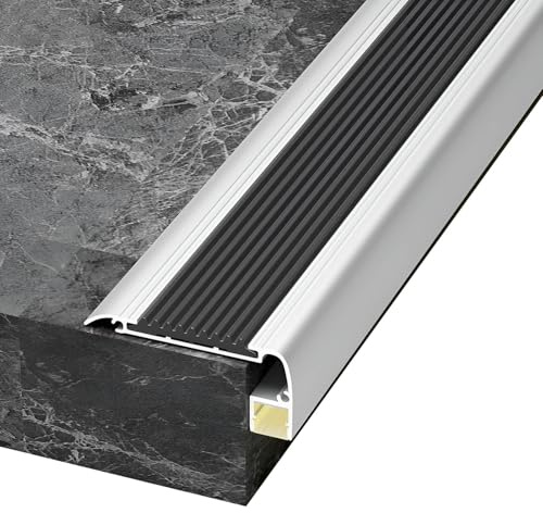 120 cm L-förmige Treppenkantenprofil mit LED-Kanal, 100 cm Aluminium-Treppen-Winkelprofil mit rutschfestem Gummistreifen für Außen und Innenbereich(Black,100cm/39 In)