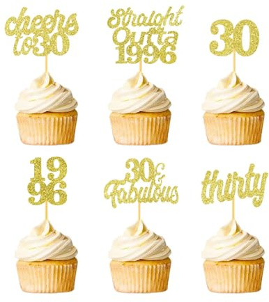 24Pcs 30th Birthday Cupcake Toppers Thirty Fabulous 30 Straight Outta 1996 Glitter Cake Topper Decorations for Cheers to 30 Years Anniversary Wedding Birthday Party Supplies