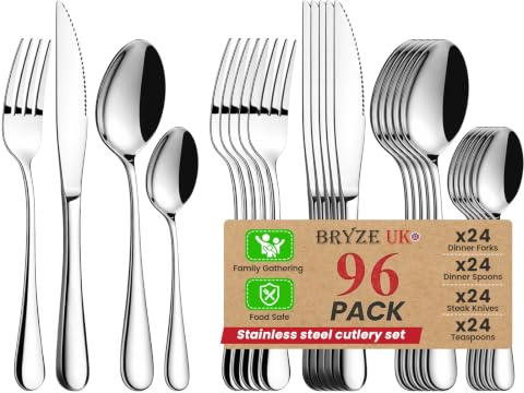 96-Piece Stainless Steel Cutlery Set for 24 | Includes Knives, Forks, Spoons and Teaspoons | Mirror Polished & Dishwasher Safe Flatware Set for Family Meals