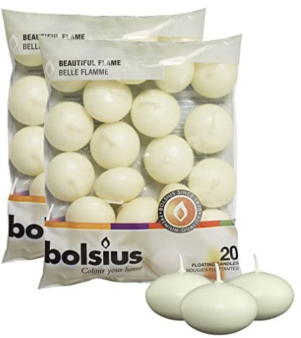 BOLSIUS,Candele galleggianti non profumate, 4.4 cm, colore avorio cremoso, confezione da 40 pezzi, senza fumo, qualità europea, decorazioni, feste di festa