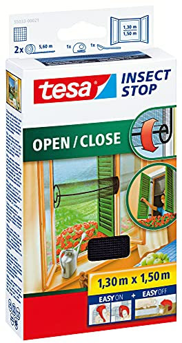 tesa Insect Stop Comfort Fliegengitter für Fenster/Insektenschutz mit Selbstklebendem Klettband in Anthrazit/100 cm x 100 cm + 1 Rolle Fliegenfänger Gratis (100 cm x 100 cm/4er Pack, Anthrazit)