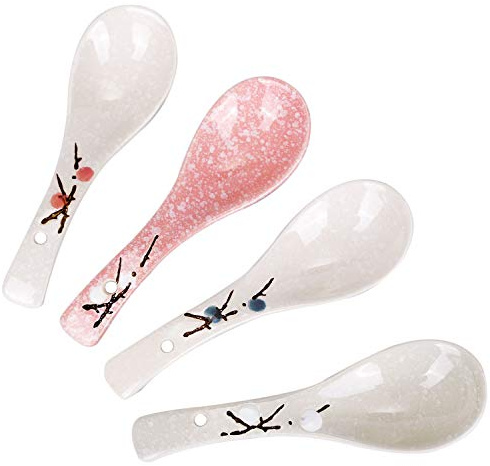 VanEnjoy 4er Set Chinesische/Japanische Keramik Suppenlöffel Rosa Kirschblüte im Schnee Muster Keramik Löffel Geeignet für Suppe