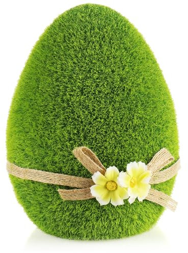 com-four® Dekofigur - Osterei mit Schleife und Blumen - grüne Deko-Figur aus Keramik für Frühling und Ostern - großes Ei mit Kunst-Gras überzogen - Osterdeko (1 x Ei - 18cm)