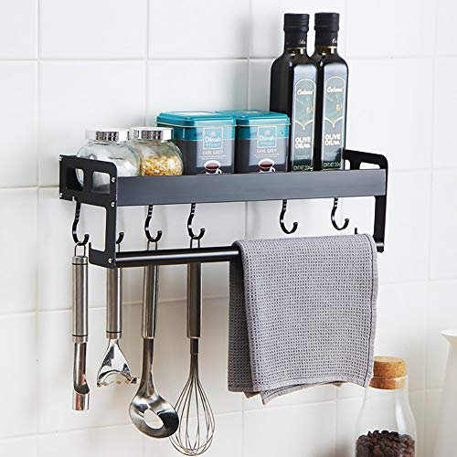 JKMQA Mensole Cucina,Porta Utensili da Cucina con 6 Gancio,Barra Portautensili Cucina,Porta Mestoli da Cucina con Colla Brevettata,Spazio in Alluminio,Anodized Surface,39 cm (Nero)