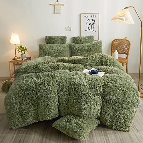 XeGe Plush Shaggy Duvet Cover Set, Luxury Soft Crystal Velvet Fluffy Furry Bedding Sets 3 Pieces(1 Faux Fur Fuzzy Comforter Cover + 2 Faux Fur Throw Pillow Shams), Zipper Closure (King, Sage Green)