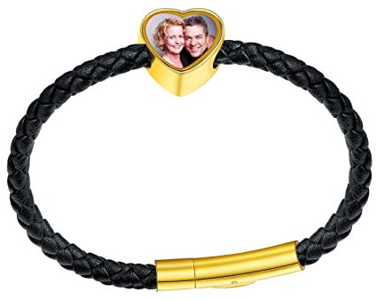 Bandmax Damen Armspange mit personalisiert Herz Charms 18k vergoldet Foto Bild Armband aus Kunstleder Manschette Armband Armschmuck für Geburtstag Weihnachten