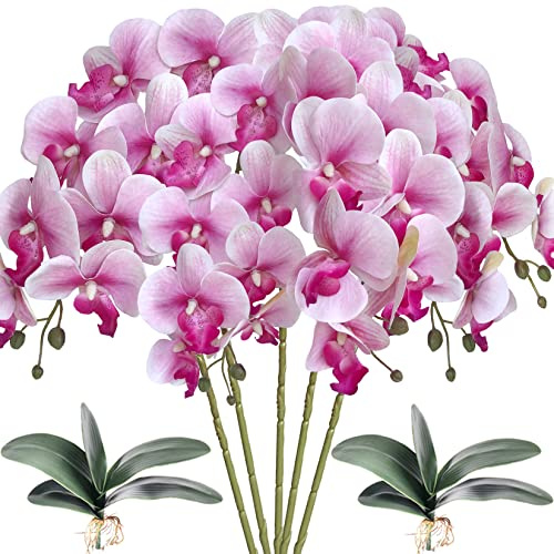 HinyoCo 5 Pcs Artificial Orchid Flowers and 2 Bundles Leaves,Artificial Phalaenopsis Flowers 32 Inch Stem Plants for Home Wedding Decoration (White Flower Purple Core)