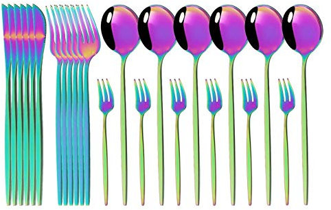 24 teile/satz Gold Spiegel Besteck Set 18/10 Edelstahl Geschirr Geschirr Besteck Besteck Set Abendessen Messer Kuchen Gabel Löffel Set essgeschirr (Color : Rainbow)