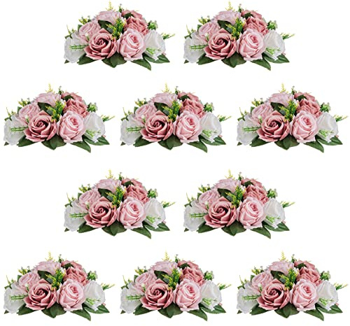 NUPTIO Artificial Flower Centrepieces for Tables - 10 Pcs Dusty Rose & White Fake Flowers Roses Balls 24cm Diameter - Silk Faux Rose Arrangement for Wedding Party Centerpiece Table Decorations