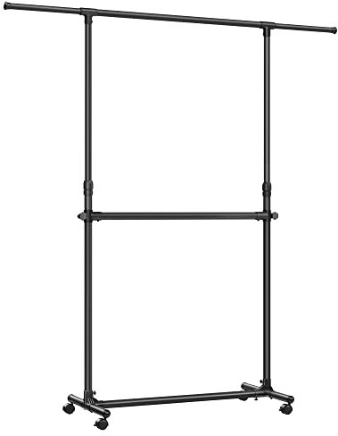 SONGMICS Burro de Ropa con Doble Barra, Perchero con Ruedas Extensible, Altura Ajustable 113-180 cm, Barra Central Ajustable, Negro LLR401B01