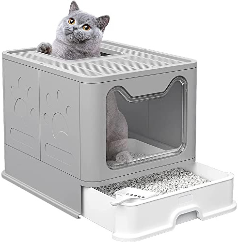 Bandeja de arena plegable para gatos, 51 x 41 x 38 cm, bandeja de arena con tapa, Maison de Toilette pour gato, bandeja de arena cerrada, cajón de basura, pala, cepillo, gris