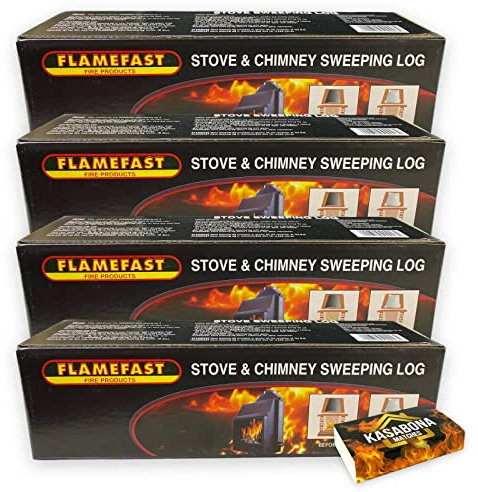 Flamefast Stove & Chimney Sweeping Log Fire Place Cleaner Remove Creosote Soot Tar Deposits – Includes KasaBona Safety Matches (4 Logs)