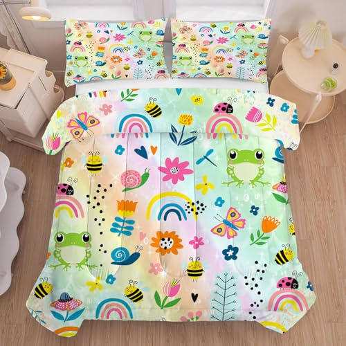 FUYEUN Rainbow Comforter Sets Twin Size Cartoon Floral Frogs Bedding Set for Girls Kids Children Boys Butterfly Flowers Bees Insects Cute Kawaii Quilt 1 Comforter + 1 Pillow Case