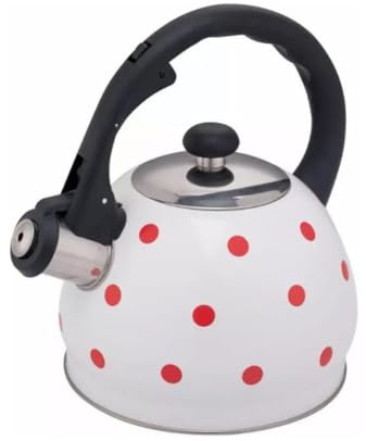 Luckyberg Moderne Wasserkessel Induktion Pfeifkessel aus Edelstahl, Kleiner Teekessel für alle Kochplatten, Flötenkessel, Wasserkocher für Tee Kaffee, ca 2 L, (weiß rote Punkte)