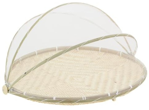 AUBRY GASPARD - Plateau Rond avec Cloche en Filet - Bambou Naturel et Filet Synthétique Blanc - Ø 55 cm x Hauteur 30 cm - Cloche Pliable avec Fermoir - Idéal pour Rangement et Conservation en Cuisine