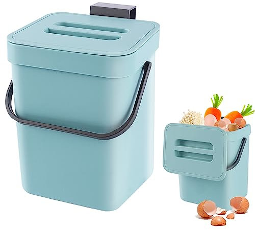 Secchio da Compost da Cucina Piccolo, Bidone della Spazzatura da Appendere, Biometro, Pattumiera per Piano di Lavoro, Contenitore con Coperchio, Compostiera, per Interni, 3 L, Blu.