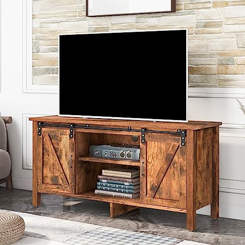Meuble TV, Meuble TV Bas pour téléviseurs jusqu'à 55 Pouces, Longueur 120 cm, Meuble TV avec 2 Portes coulissantes, 2 Compartiments Ouverts, Salon, Design Industriel, Marron Vintage