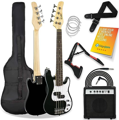 3rd Avenue 4/4 E-Bassgitarren-Set in Normalgröße, für Anfänger, mit 15 W Verstärker, Tasche, Kabel, Gurt, Ständer und Ersatzsaiten – in Weiß