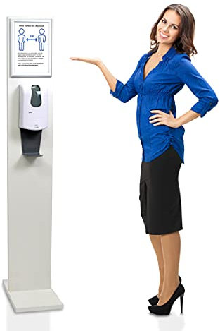 MyMaxxi | Hand Desinfektionsmittelspender Station Sensor WOOD Topschild Spender Set 12x 1L Desinfektionsmittel stehend automatisch | touchless disinfection Desinfektionsspender Standfuß Dosierpumpe