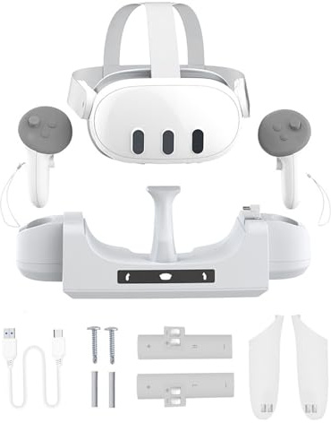 HMHAMA Ladestation kompatibel für Oculus/Meta Quest 3 VR Headset Ladeständer, 2 wiederaufladbare Batterien für Touch-Controller, LED-Anzeige, unterstützt Wandmontage