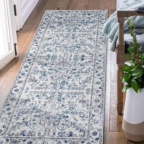 TOPICK Läufer 60x180cm Blau Teppich Vintage Faltbar Dünner Waschbar Teppichläufer Blumendruck Rutschfester Leichter Küche Badezimmer Eingangsmatte
