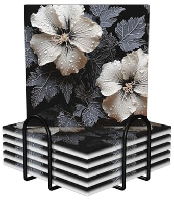 Getränkeuntersetzer mit Halter, weiße und schwarze Blumen, bedruckt, saugfähig, hitzebeständig, Keramik-Stein-Untersetzer mit Korkboden, Tischschutzmatte für Tassen, Tassen, Büro, Küche