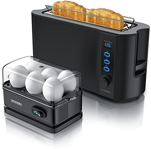 Arendo Set Ensembles grille-pain FRUKOST et cuiseur à oeufs SIXCOOK Inox Noir grille-pain 2 tranches écran LED 6 degrés de brunissage support viennoiserie Cuiseur à oeufs 1-6 oeufs verre doseur