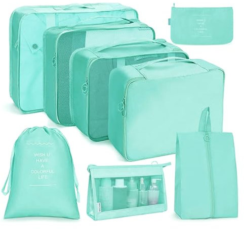 OSDUE Koffer Organizer Set 8-teilig, Packing Cubes, Wasserdichte Reise Kleidertaschen, Packtaschen für koffer, Verpackungswürfel mit Kosmetiktasche, Schuhbeutel, USB Kabel Tasche (Hellblau)