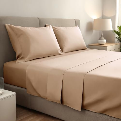 Juego de Sábanas 4 Piezas 150x190/200. Sábanas de Cama de Poliéster Microfibra cepillada. Sábana Plana, Sabana Bajera Ajustable y 2 Fundas de Almohada. Color Beige.