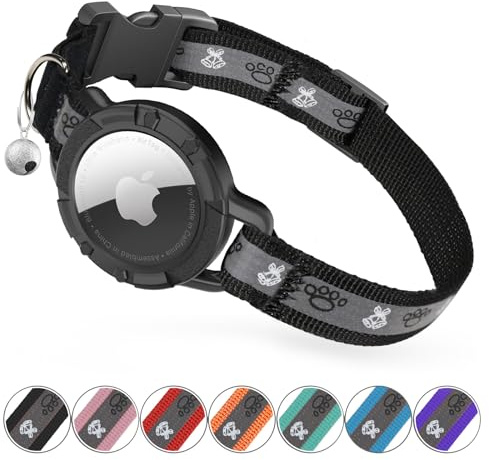 Reflective AirTag Cat Collar, Integrated Cat Tracker Collar with Air Tag Holder and Bell, Safety Elastic Band Cat GPS Collars for Girl Boy Cats, Kittens and Puppies (Black, XS)