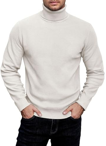 COOFANDY Suéter de cuello alto para hombre, suéter de punto acanalado, suéter de cuello alto, suéter de manga larga ligero suéter de punto de negocios suéter de trabajo, Color blanco., L