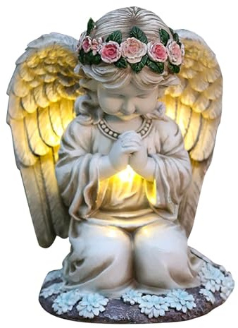 Esncddym Angeli solari per giardino esterno,Angeli solari per cimitero,Decorazione da giardino con angelo in preghiera in resina con luci solari - Decorazioni per cimiteri, decorazioni da giardino,