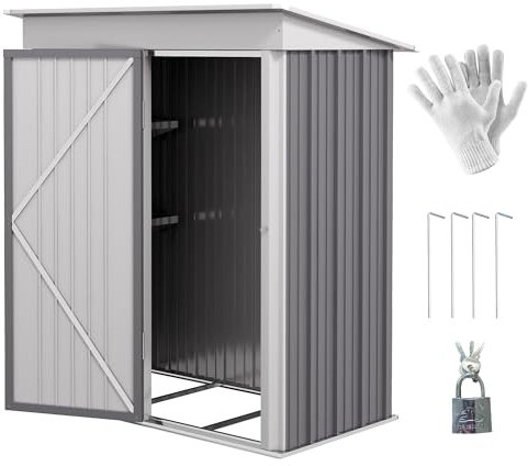Outsunny Casetta da Giardino con Base in Acciaio e 2 Ripiani Regolabili, Capanno da Giardino Porta Attrezzi con Tetto e Porta Bloccabile, 161x95x163/181cm, Grigio